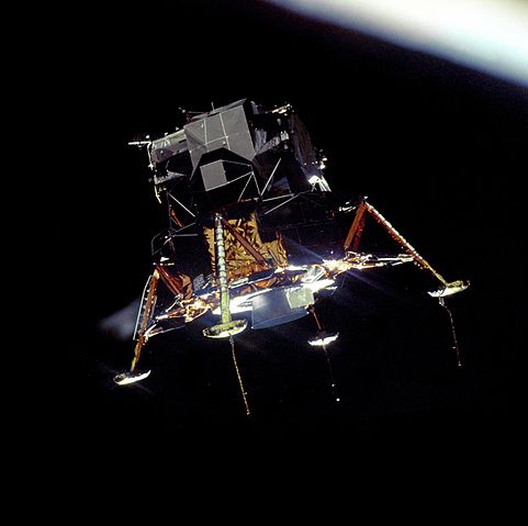 File:Apollo 11 Lunar Module Eagle in landing configuration in lunar orbit from the Command and Service Module Columbia.jpg