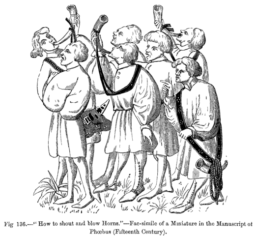 File:How to shout and blow Horns Fac simile of a Miniature in the Manuscript of Phoebus Fifteenth Century.png